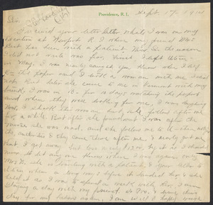 Sacco-Vanzetti Case Records, 1920-1928. Defense Papers. Goodridge to his sister, September 17, 1914. Box 11, Folder 12, Harvard Law School Library, Historical & Special Collections