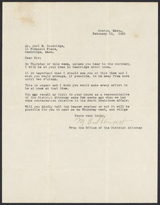 Sacco-Vanzetti Case Records, 1920-1928. Defense Papers. M.E. Stewart to Goodridge, February 15, 1921. Box 11, Folder 18, Harvard Law School Library, Historical & Special Collections