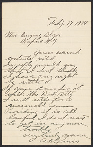 Sacco-Vanzetti Case Records, 1920-1928. Defense Papers. ALS from A.H. Lewis to Mrs. Eugene Alger, February 17, 1914. Box 11, Folder 24, Harvard Law School Library, Historical & Special Collections