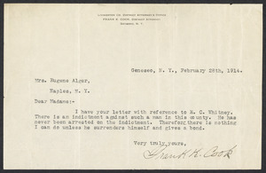 Sacco-Vanzetti Case Records, 1920-1928. Defense Papers. TLS from Frank K. Cook to Mrs. Eugene Alger, February 28, 1914. Box 11, Folder 25, Harvard Law School Library, Historical & Special Collections