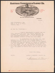 Sacco-Vanzetti Case Records, 1920-1928. Defense Papers. TLS from William A. Peterson (Hartman Furniture and Carpet Co.) to Otto Christenson, July 6, 1922. Box 11, Folder 27, Harvard Law School Library, Historical & Special Collections