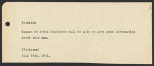 Sacco-Vanzetti Case Records, 1920-1928. Defense Papers. Typewritten note (anonymous) re: "Magazu of South Braintree," July 18, 1921. Box 11, Folder 46, Harvard Law School Library, Historical & Special Collections