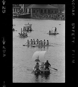 Harvard raft race: Paddling contestants, Cambridge