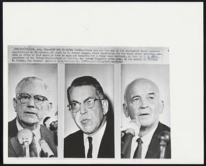 Top Men in Steel Talks--These are the top men in the stalemated steel contract negotiations in Pittsburgh. At right is R. Conrad Cooper, chief negotiator for the basic steel industry, who made an offer of 40.6 cents an hour in wage and benefits for a three year contract. At left is I. W. Abel, president of the United Steelworkers of America, who turned Cooper's offer down. In the middle is William E. Simkin, the federal mediator from Washington.