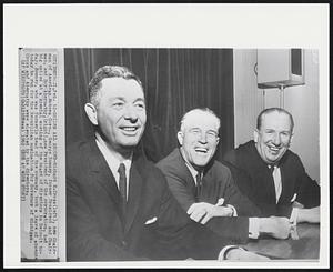 Smiles All Around - Richard E. Cross (left), new Chairman of American Motors Corp., George Romney, former President and Chairman, and Roy Abernathy, (right), new President of the corporation, had big smiles at a special meeting of the board of directors in Detroit today. Romney, who was formerly head of the company, took a leave of absence today to run for the Republican nomination for Governor of Michigan. Cross and Abernathy were elevated by the directors.