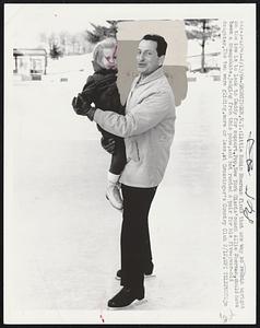 Little Robin Sherman finds that one way to remain upright on the ice is to look to Daddy for support. Pop, New York Giants’ coach Allie Sherman, could have been a cheapskate, judging from this pose, and not rented a pair for his five-year-old daughter. The two were gliding, more or less, at Grossinger’s Country Club 2/12.