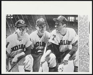 Torrid Tribe Trio--These are the three Cleveland hitting stars (L-R), John Romano, Johnny Temple and Jim Piersall. They went into Sunday's double header with Los Angeles leading the American League 1-2-3 in hitting. Piersall raised his mark nine points to .356, but lost the top spot to Jackie Brandt of Baltimore (.379) who qualified for the minimum 100 at bats on which the leading hitters are based. Romano boosted his mark eight points to .346, while Temple dropped to sixth place with .324.