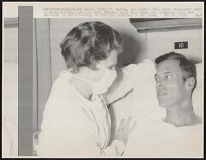 Philip T. Barnum, the world's 51st heart transplant patient is shown visiting with his wife, Aileen, eight days after his operation which was performed at the University of Michigan Hospital in Ann Arbor.