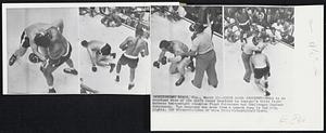 Sixth Round Knockout--This is an overhead view of the sixth round knockout in tonight's title fight between heavyweight champion Floyd Patterson and challenger Ingemar Johansson. The sequence was made from a camera hung in the ring lights.