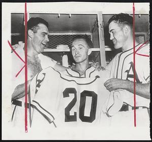 Bobby Shantz Wins 20th, and on hand to help the little southpaw celebrate are team-mates Dave Philley (left) and Ferris Fain. Philley sparkled in center, while Fain whacked three doubles.