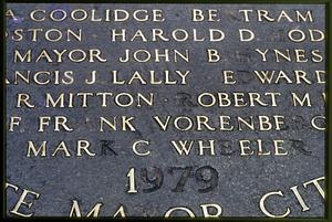 Boston circa 1989: "Builders of the new Boston" plaque on the pavement of the city's Downtown Crossing area