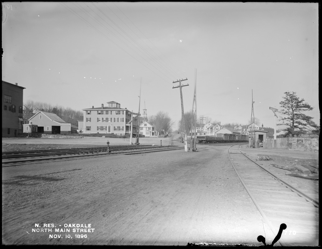Wachusett Reservoir, North Main Street, from just south of railroad crossing, looking north, Oakdale, West Boylston, Mass., Nov. 10, 1896