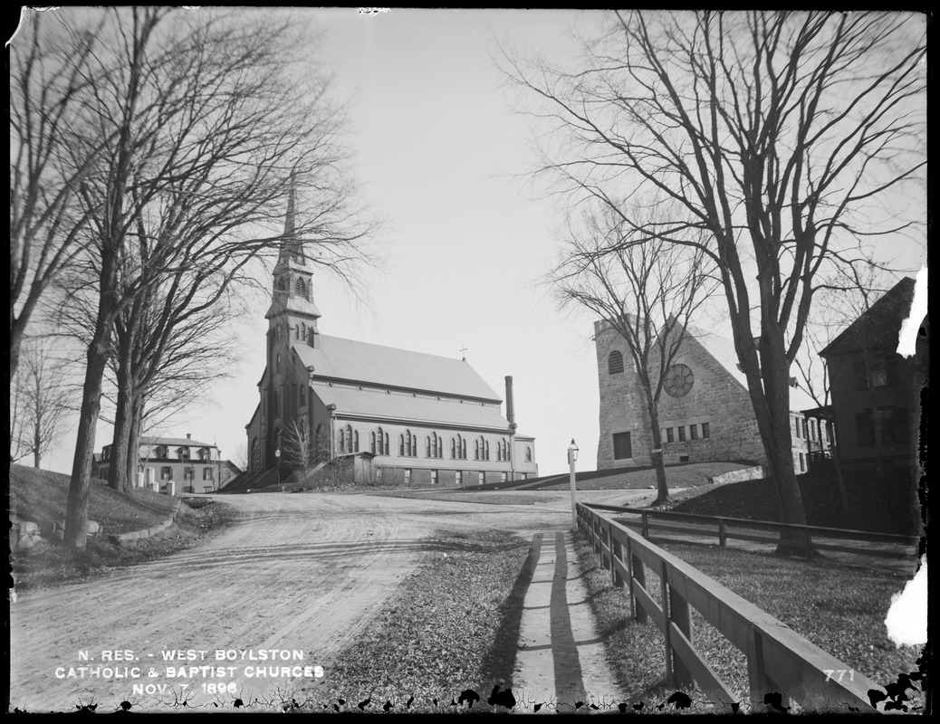 Wachusett Reservoir, Catholic and Baptist churches, on south side of East Main Street, from the northwest, West Boylston, Mass., Nov. 7, 1896