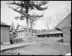 Wachusett Reservoir, First Congregational Church, Thomas Hall and sheds, corner of Howe and East Main Streets, from the south, near church, West Boylston, Mass., Nov. 14, 1896