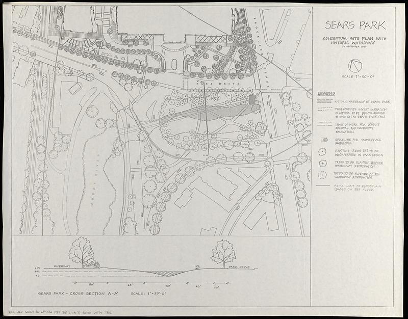 Sears Park conceptual site plan with historic waterway