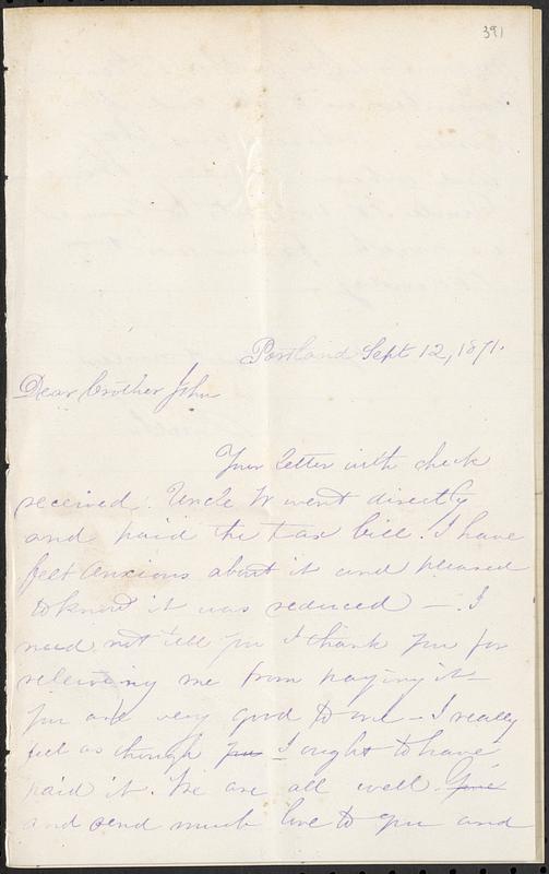 Letter from Ruth Ann B. Strout to John D. Long, September 12, 1871 ...