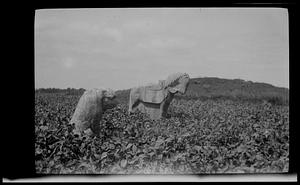 Stone animal carvings in field