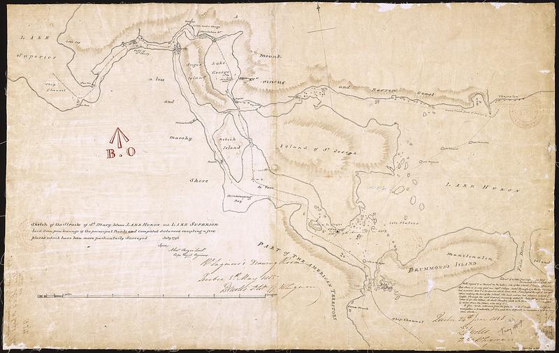 Sketch of the Straits of St. Mary between Lake Huron and Lake Superior laid down from bearings of the principal points, and computed distances, excepting a few places which have been more particularly surveyed, July 1796