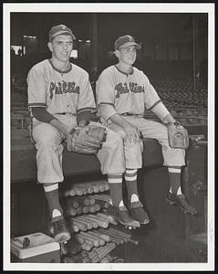 Next is Curt Simmons, young Phillies pitcher, who received a reported $60,000 for agreeing to be with that club, while on the right is practically a nobody, Charley Bicknell who received $18,500 for signing.