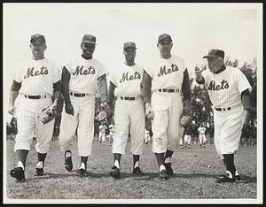 Forward March!-The Mets may not know exactly where they're going, but they're on their way. Casey Stengel waves his new New York infield onward. They are, left to right, Don Zimmer, Felix Mantilla, Charley Neal and Gil Hodges. One, two, three, HUP!