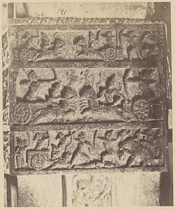 Close view of band of narrative sculpture on a column in the Virupaksha Temple, Pattadakal