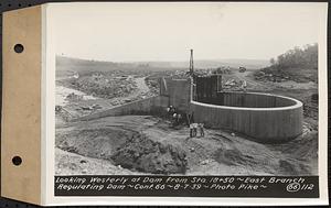 Contract No. 66, Regulating Dams, Middle Branch (New Salem), and East Branch of the Swift River, Hardwick and Petersham (formerly Dana), looking westerly at dam from Sta. 18+50, east branch regulating dam, Hardwick, Mass., Aug. 7, 1939