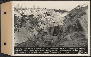 Contract No. 80, High Level Distribution Reservoir, Weston, looking southwest from left of Sta. 884+/- showing crossing dam 2 and twin aqueduct, high level distribution reservoir, Weston, Mass., Jan. 5, 1940