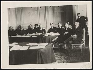 First Photographs of the Opening of the League of Nations at Geneva Switzerland. Photo shows, the Delegates and President from the Nations, No. (1) Quinons de Leon, Spain (2) Tittoni, Italy (3) Bourggouis, France (4) President of League of Nations, Paul Hymans, of -Belgium, (5) Lord Drummond of England (6) Lord Fisher, of England, (7) Matsui, Japan (8) Dr. Easton Da Cunha, Brazilian Ambassador to France.