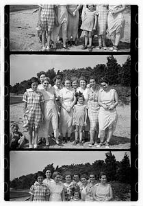Group portraits near pond or beach including Maude Sanromá