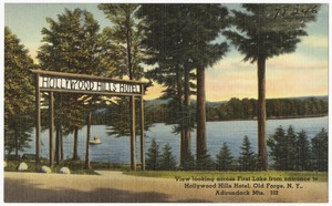 Hollywood Hills Hotel. View looking across First Lake from entrance to Hollywood Hills Hotel, Old Forge, N. Y., Adirondack Mts.