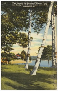 View through the birches, of Wilson's Point, from Sandy Beach Camp, Indian Lake, N. Y., Adirondack Mts