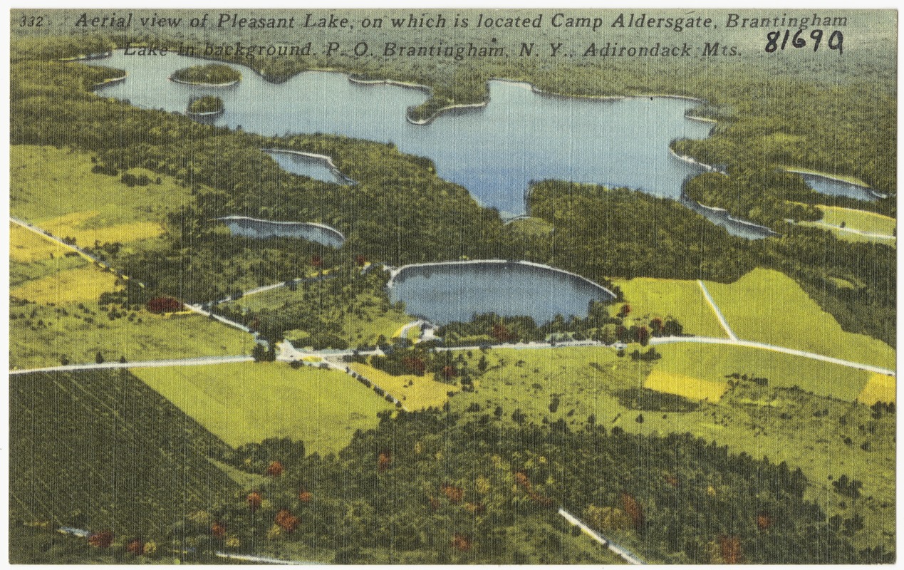 Aerial view of Pleasant Lake, on which is located Camp Aldersgate,  Brantingham Lake in the background. P. O. Brantingham, N. Y., Adirondack  Mts. - Digital Commonwealth