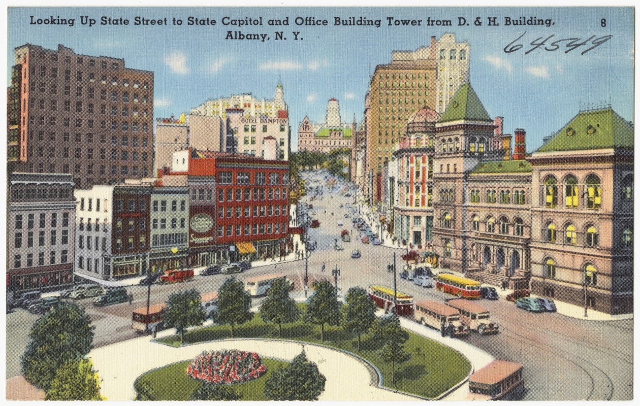 Looking up State Street to State Capitol and office building tower from D. & H. Building. Albany, N. Y.