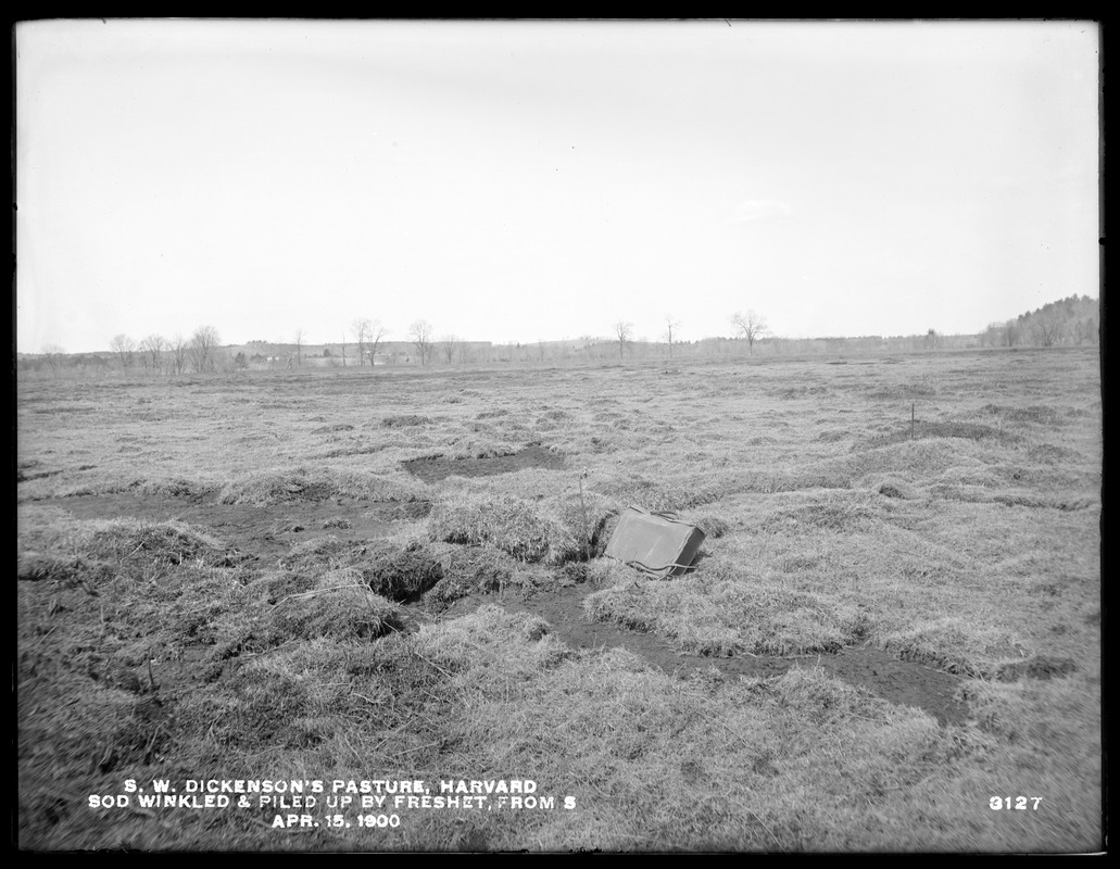 Wachusett Reservoir, S. W. Dickinson's pasture, sod wrinkled and piled up by freshet, from the south, Harvard, Mass., Apr. 15, 1900