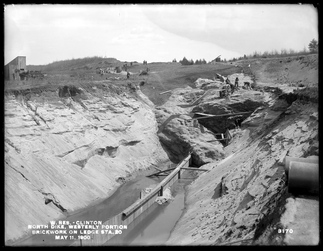 Wachusett Reservoir, North Dike, westerly portion, brickwork on ledge, station 20; main cut-off trench with sheet piling, Clinton, Mass., May 11, 1900