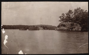 Distribution Department, Low Service Spot Pond Reservoir, Double Ditch Rock area or Thrumb Cap (Bold Point); verso, "from boat; toward Bear Hill; note the elevation of 5 feet on the rock; elevation of camera is 3.5 feet", Stoneham, Mass., Jul. 1898