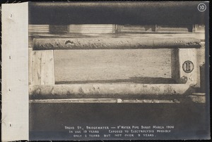 Electrolysis, Broad Street, 8-inch cast-iron main, age 19 years, exposed to electrolysis, possibly only 2 years, but not over 9 years; burst March 1906, Bridgewater, Mass., Mar. 1906
