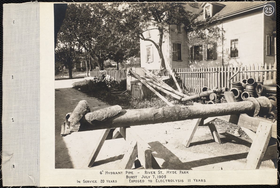 Electrolysis, River Street, 6-inch hydrant pipe, age 20 years, exposed to electrolysis 11 years; burst July 7, 1905, Hyde Park, Mass., Jul. 1905