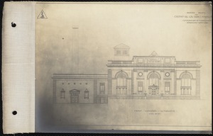 Distribution Department, Chestnut Hill Low Service Pumping Station, architect's line drawing of a proposed design (front elevation); submitted by Shepley, Rutan & Coolidge (dolphin enclosed in triangle), Brighton, Mass., ca. 1898