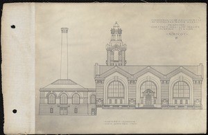 Distribution Department, Chestnut Hill Low Service Pumping Station, architect's line drawing of a proposed design (northwest elevation); submitted by Peabody & Stearns (Nobscot B), Brighton, Mass., ca. 1898