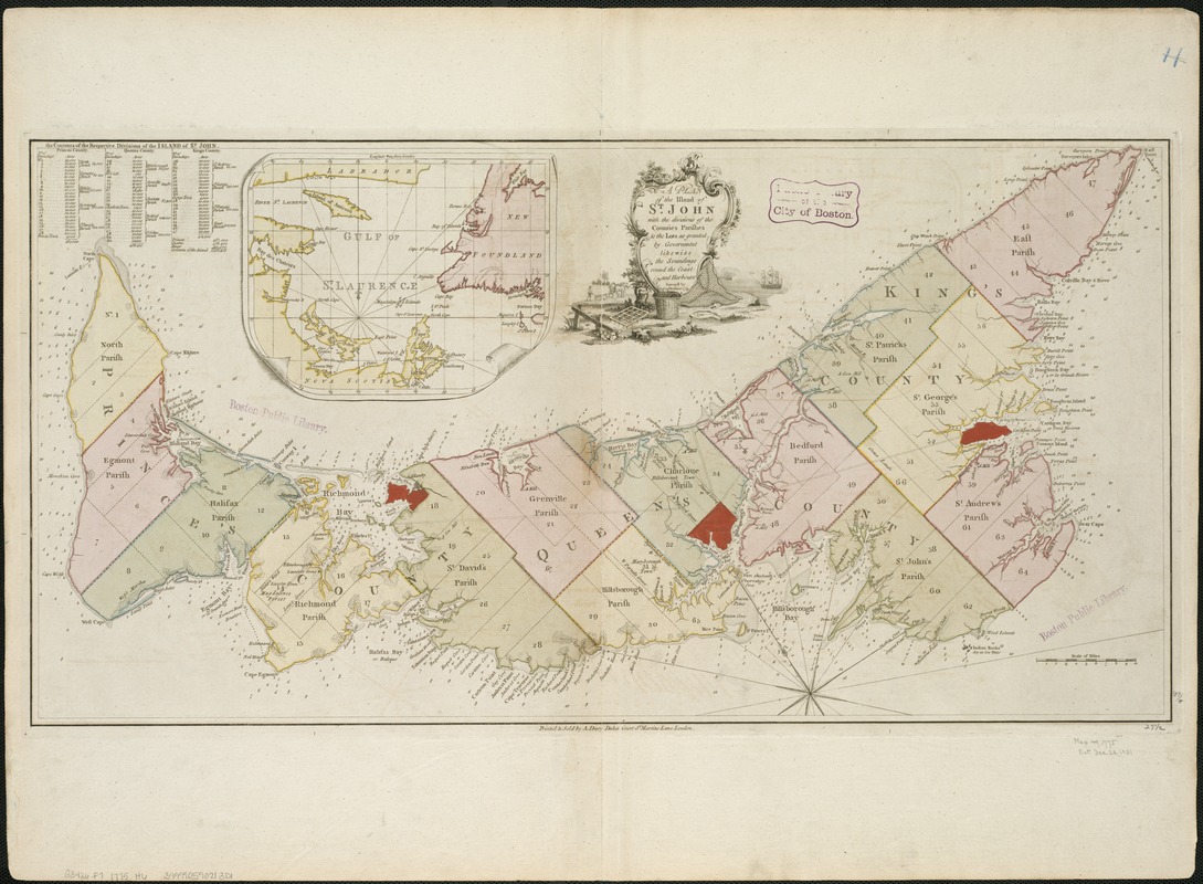 A plan of the island of St. John with the divisions of the counties, parishes, & the lots as granted by government, likewise the soundings round the coast and harbours