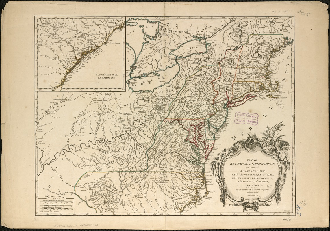 Partie de l'Amérique septentrionale, qui comprend le cours de l'Ohio, la Nlle. Angleterre, la Nlle York, le New Jersey, la Pensylvanie, le Maryland, la Virginie, la Caroline