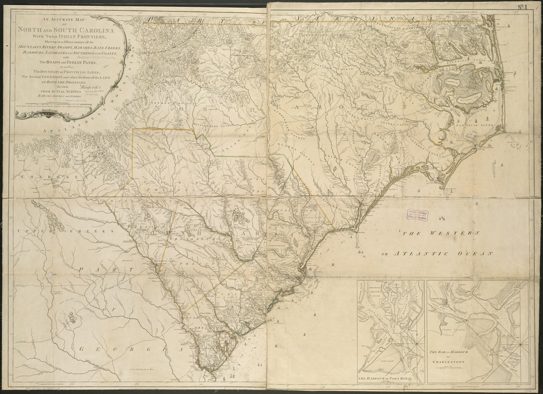 An accurate map of North and South Carolina with their Indian frontiers, shewing in a distinct manner all the mountains, rivers, swamps, marshes, bays, creeks, harbours, sandbanks and soundings on the coasts