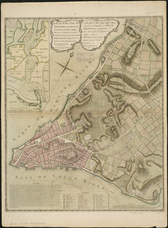 A plan of the city of New-York & its environs to Greenwich, on the North or Hudsons River, and to Crown Point, on the East or Sound River, shewing the several streets, publick buildings, docks, fort & battery, with the true form & course of the commanding grounds, with and without the town : survey'd in the winter, 1775 [i.e. 1766]