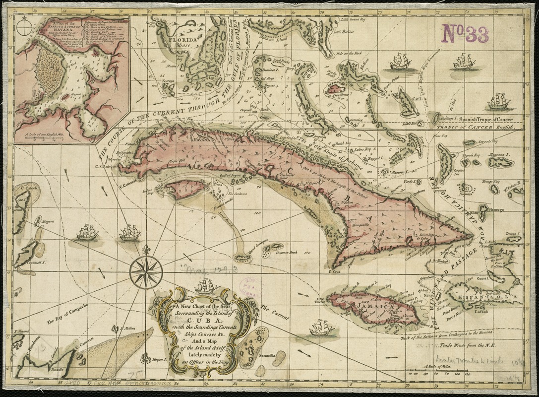 A new chart of the seas surrounding the island of Cuba, with the soundings, currents, ships, courses &c. and a map of the island itself lately made by an officer in the Navy