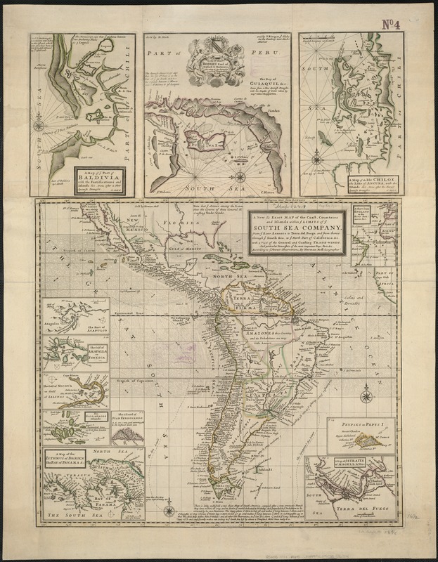 A new & exact map of the coast, countries and islands within ye limits of ye South Sea Company, from ye river Aranoca to Terra del Fuego, and from thence through ye South Sea, to ye north part of California &c. with a view of the general and coasting trade-winds