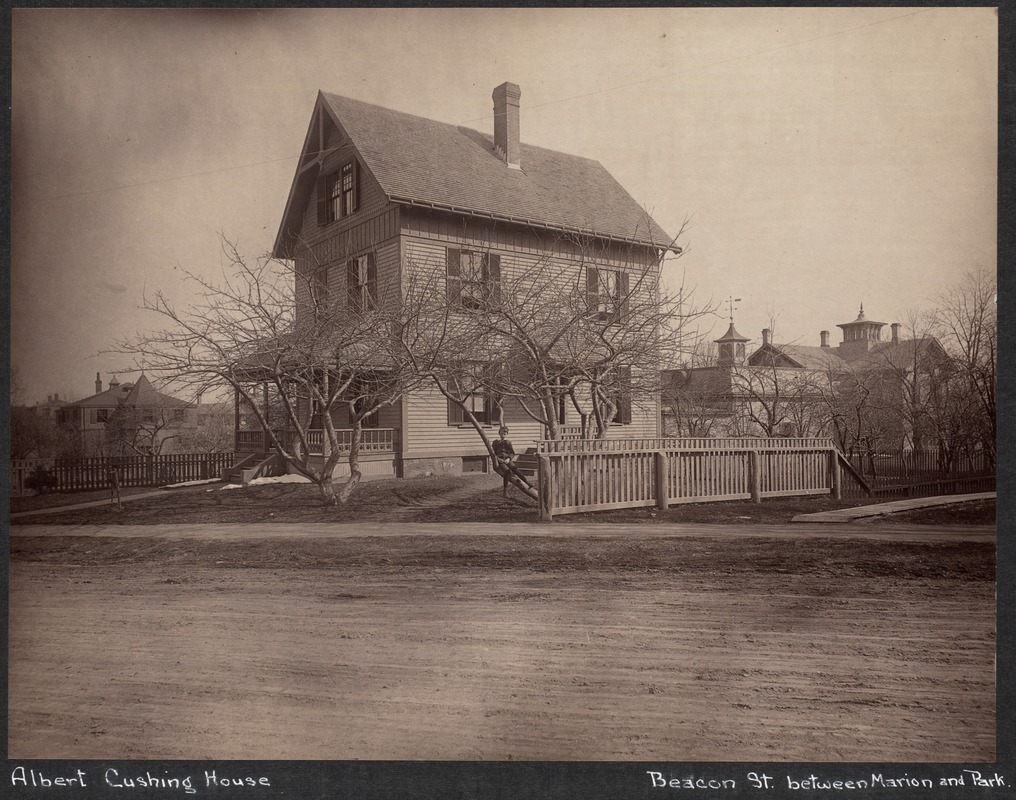 Albert Cushing house, boy in tree, Beacon St.