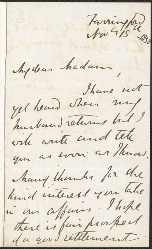Emily Tennyson autograph letter signed to Mrs. Gatty, Farringford, [Isle of Wight], 15 November 1858