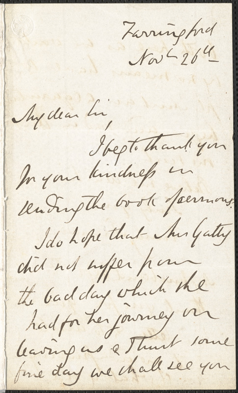 Emily Tennyson autograph letter signed to Mr. Gatty, Farringford, [Isle of Wight], 26 November [1858?]