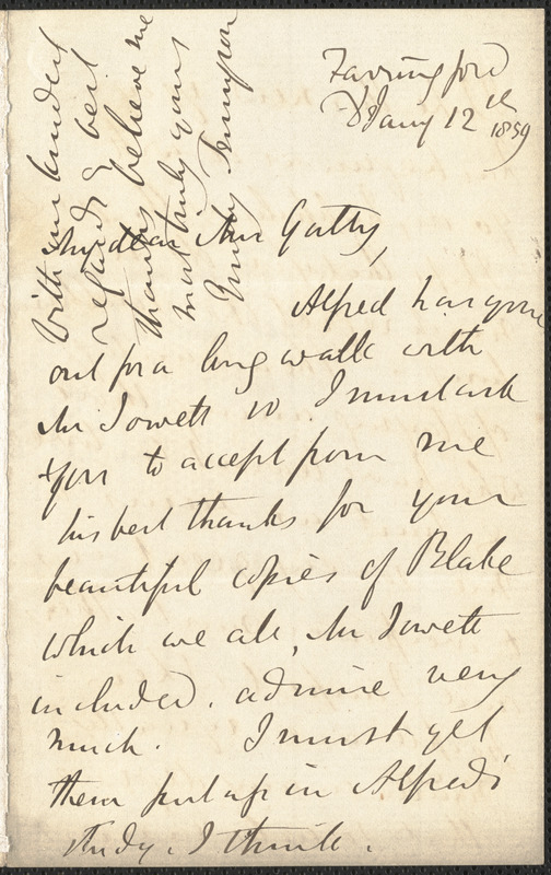 Emily Tennyson autograph letter signed to Mrs. Gatty, Farringford, [Isle of Wight], 12 January 1859